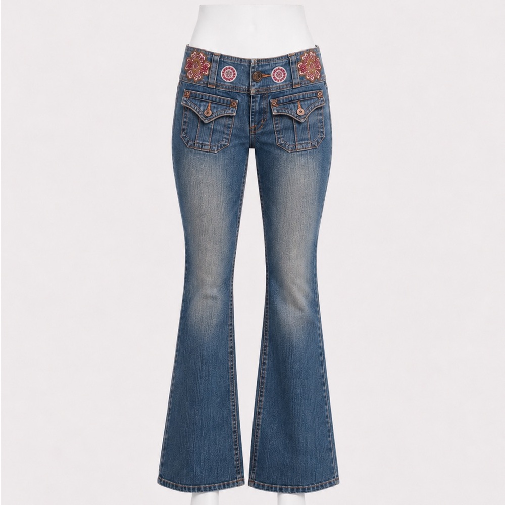 Y2K, Floral Patch,Embellished,Low Rise- Z Cavaricci Jeans- Boho,Fairy,Indie